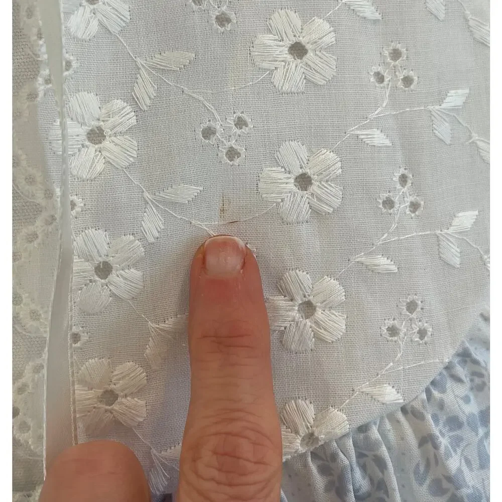Vintage Violette Pastel Blue Floral Sleep Top, Eyelet, Ruffle, Size L
